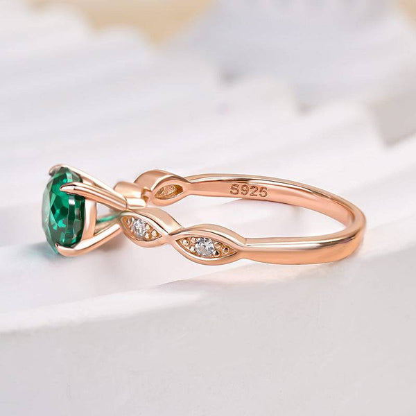 Louily Rose Gold 1.0 Carat Emerald Green Round Cut Promise Ring In Sterling Silver