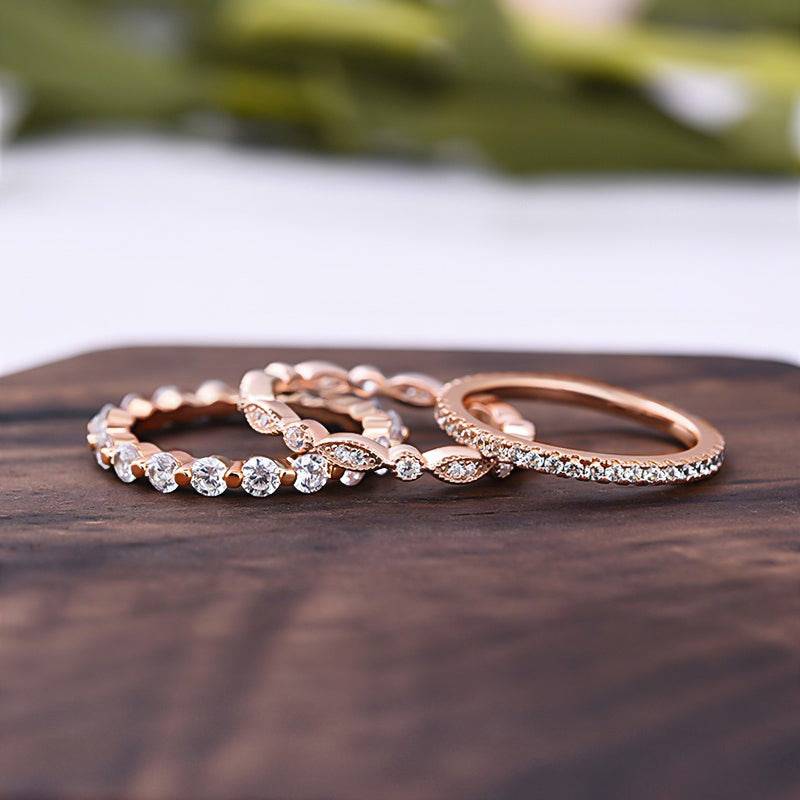 Louily Art Deco 3-Pieces Stackable Wedding Band Set In Sterling Silver - louilyjewelry