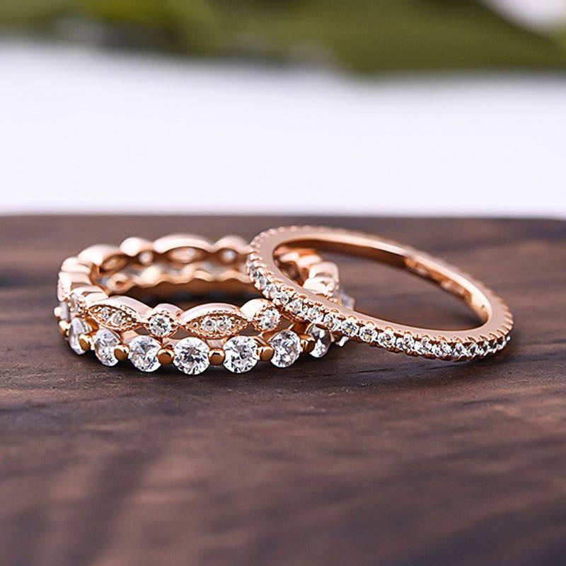 Louily Art Deco 3-Pieces Stackable Wedding Band Set In Sterling Silver - louilyjewelry