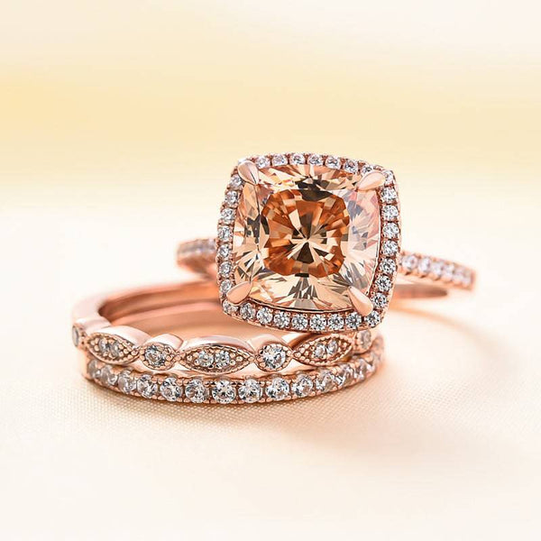 Louily Rose Gold Cushion Cut 3-Pieces Wedding Ring Set