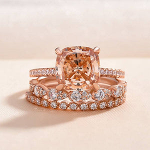 Louily Rose Gold Cushion Cut Champagne Stone Wedding Set In Sterling Silver
