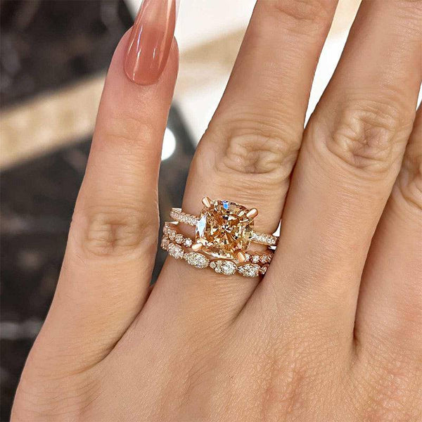 Louily Rose Gold Cushion Cut Champagne Stone Wedding Set In Sterling Silver