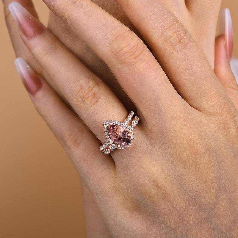 Louily Rose Gold Halo Pear Cut Synthetic Morganite Wedding Set - louilyjewelry