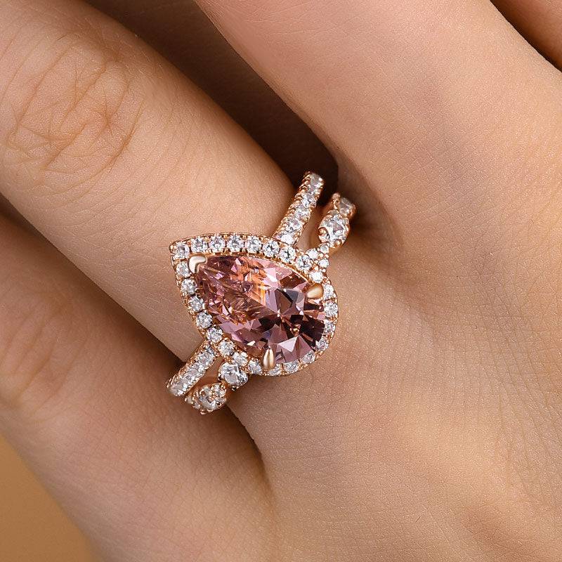 Louily Rose Gold Halo Pear Cut Synthetic Morganite Wedding Set - louilyjewelry