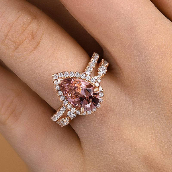 Louily Rose Gold Halo Pear Cut Synthetic Morganite Wedding Set