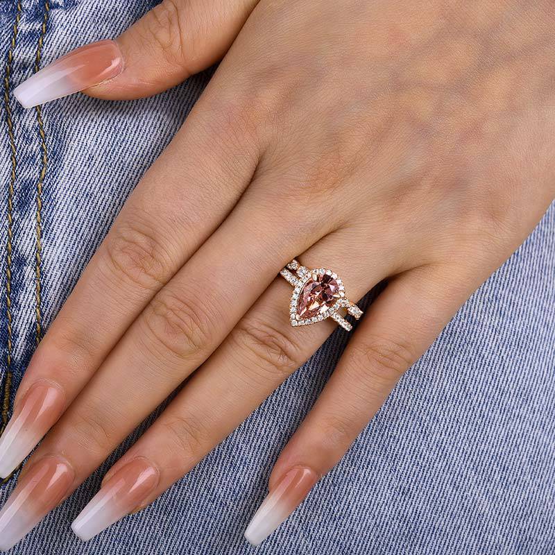 Louily Rose Gold Halo Pear Cut Synthetic Morganite Wedding Set - louilyjewelry