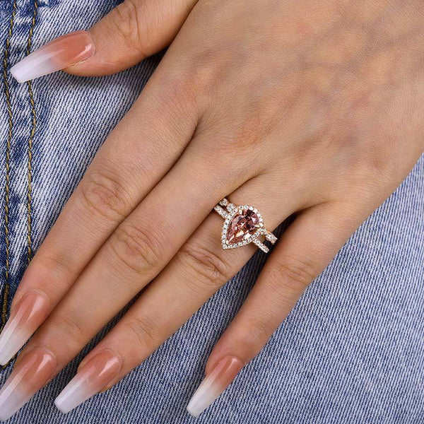 Louily Rose Gold Halo Pear Cut Synthetic Morganite Wedding Set