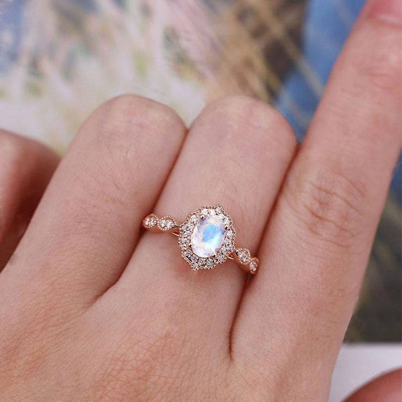 Louily Rose Gold Oval Cut Moonstone Engagement Ring In Sterling Silver - louilyjewelry