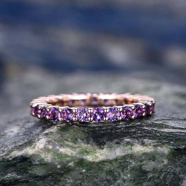 Louily Rose Gold Round Cut Amethyst Purple Wedding Band In Sterling Silver