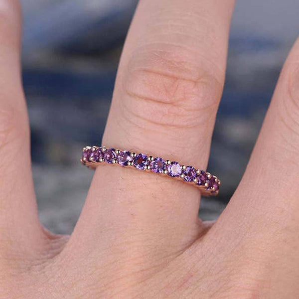 Louily Rose Gold Round Cut Amethyst Purple Wedding Band In Sterling Silver