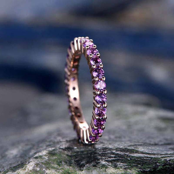 Louily Rose Gold Round Cut Amethyst Purple Wedding Band In Sterling Silver