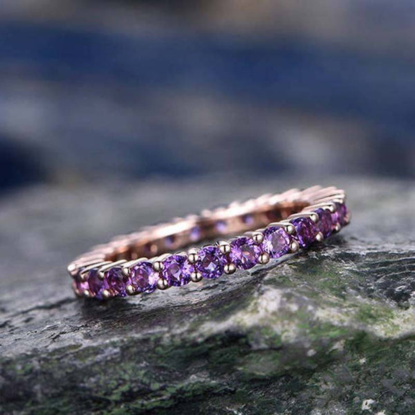 Louily Rose Gold Round Cut Amethyst Purple Wedding Band In Sterling Silver