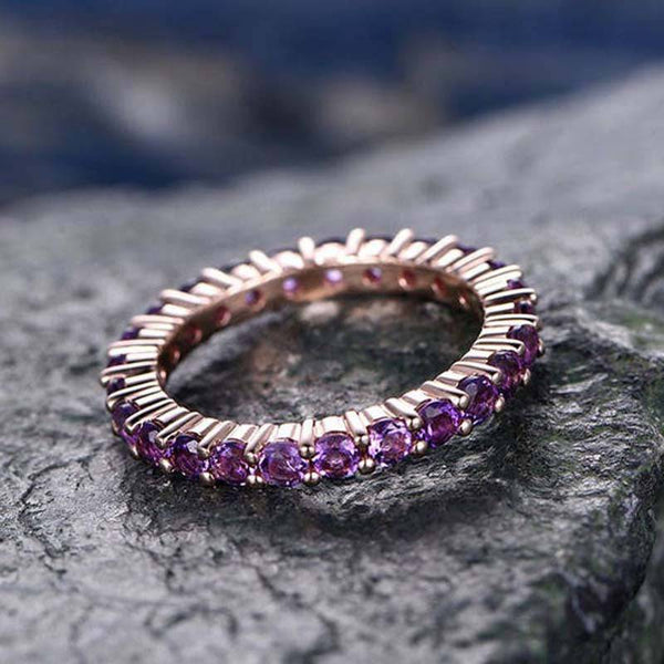 Louily Rose Gold Round Cut Amethyst Purple Wedding Band In Sterling Silver