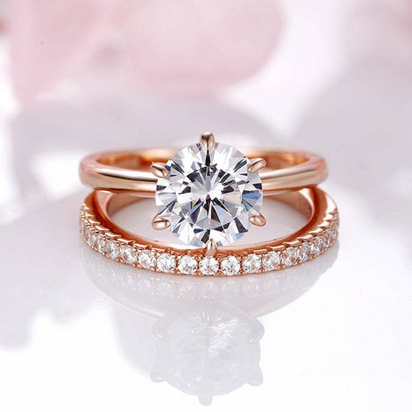 Louily Rose Gold Round Cut Wedding Ring Set In Sterling Silver