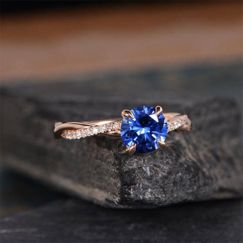 Louily Rose Gold Twist 1.25 Carat Blue Sapphire Round Cut Promise Ring For Her In Sterling Silver - louilyjewelry
