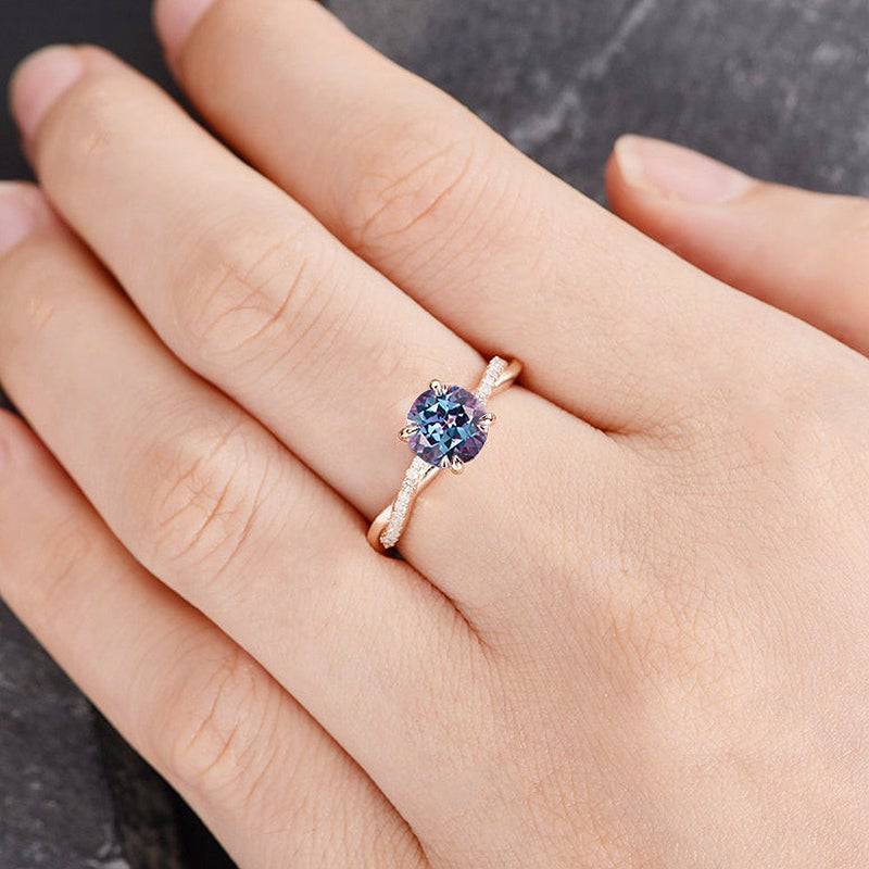 Louily Rose Gold Twist Round Cut Alexandrite Engagement Ring For Her In Sterling Silver - louilyjewelry
