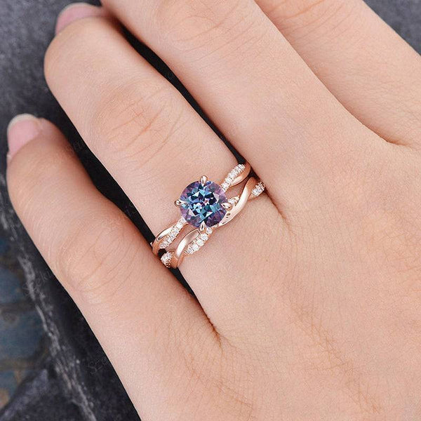 Louily Rose Gold Twist Round Cut Alexandrite Wedding Set In Sterling Silver