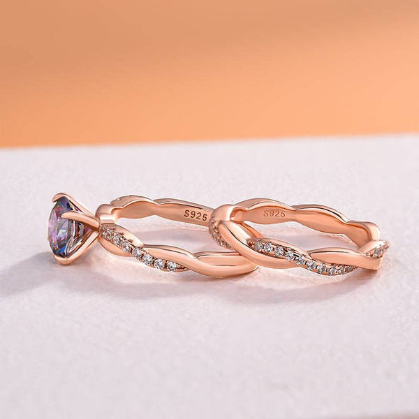Louily Rose Gold Twist Round Cut Alexandrite Wedding Set In Sterling Silver