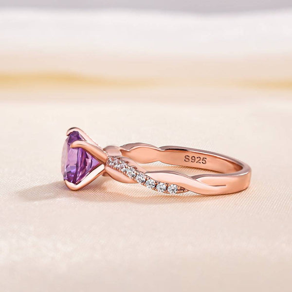 Louily Rose Gold Twist Round Cut Amethyst Purple Promise Ring For Her