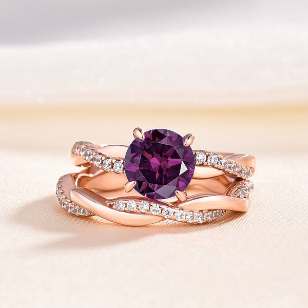 Louily Rose Gold Twist Round Cut Amethyst Purple Wedding Set In Sterling Silver