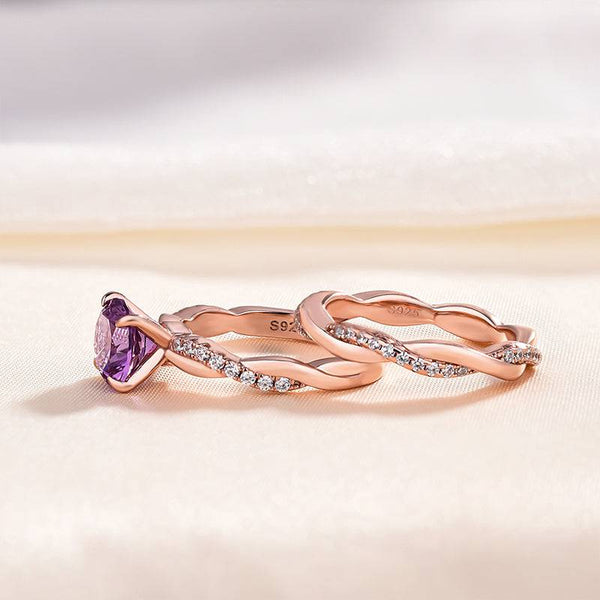 Louily Rose Gold Twist Round Cut Amethyst Purple Wedding Set In Sterling Silver