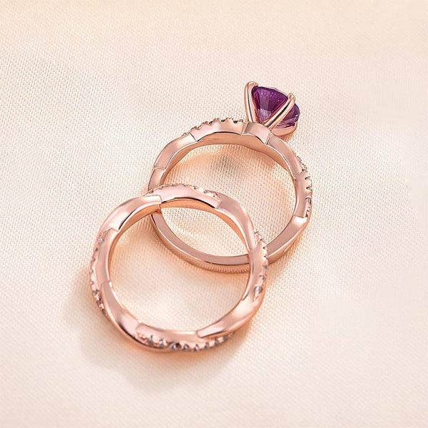 Louily Rose Gold Twist Round Cut Amethyst Purple Wedding Set In Sterling Silver