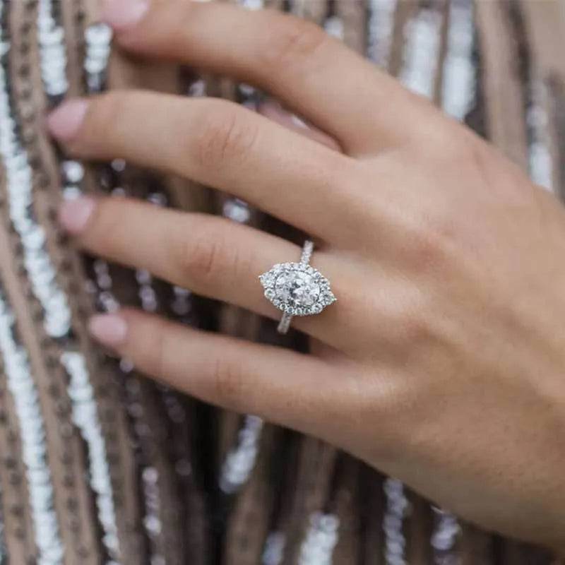 Louily Unique Design Halo Oval Cut Simulated Diamond Engagement Ring In Sterling Silver - louilyjewelry