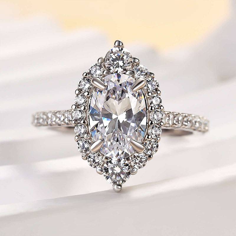 Louily Unique Design Halo Oval Cut Simulated Diamond Engagement Ring In Sterling Silver - louilyjewelry