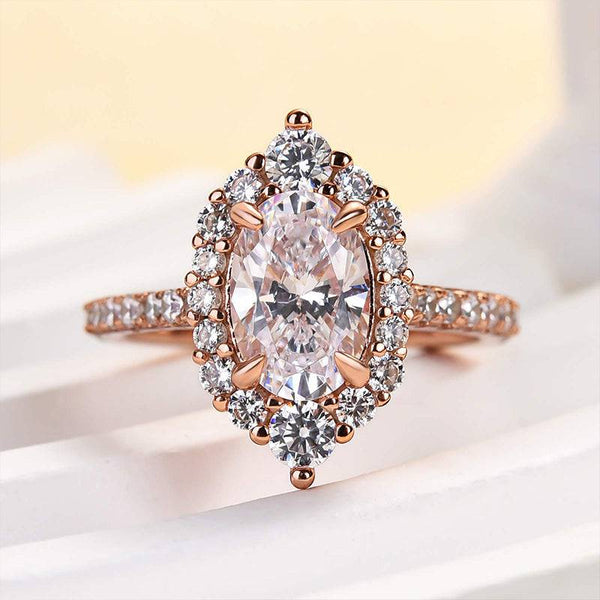 Louily Rose Gold Unique Design Halo Oval Cut Simulated Diamond Engagement Ring In Sterling Silver