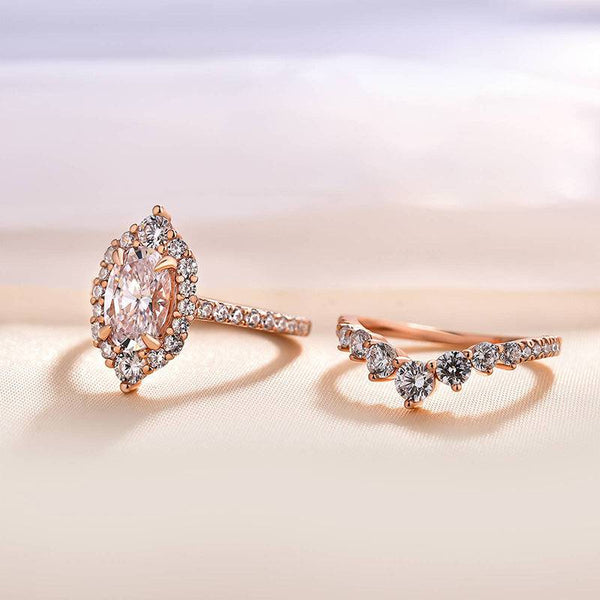 Louily Rose Gold Unique Design Halo Oval Cut Wedding Set In Sterling Silver