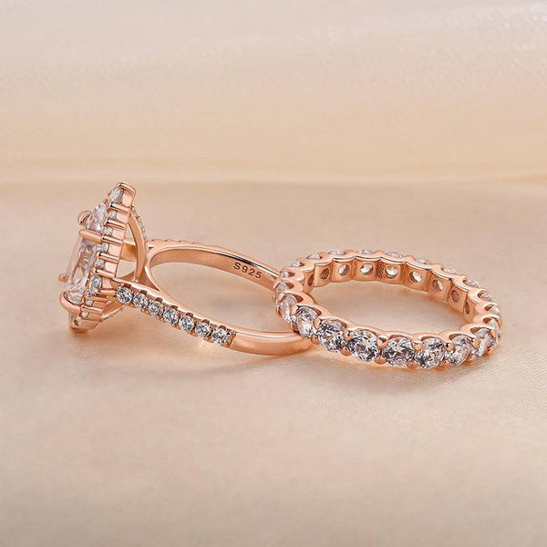 Louily Sparkle Rose Gold Halo Pear Cut Bridal Ring Set In Sterling Silver