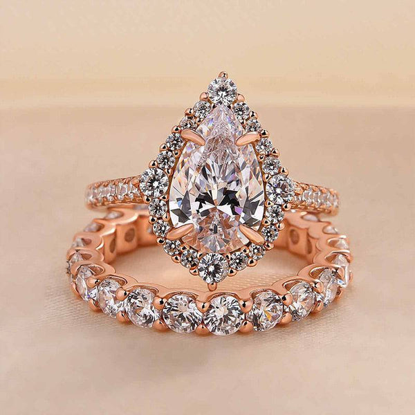 Louily Sparkle Rose Gold Halo Pear Cut Bridal Ring Set In Sterling Silver