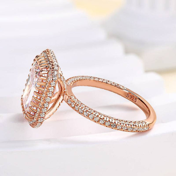 Louily Timeless Rose Gold Halo Radiant Cut Engagement Ring In Sterling Silver