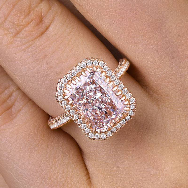 Louily Timeless Rose Gold Halo Radiant Cut Engagement Ring In Sterling Silver
