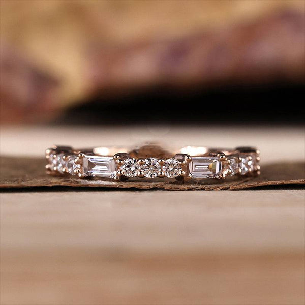 Louily Unique Rose Gold Emerald & Round Cut Diamond Wedding Band In Sterling Silver