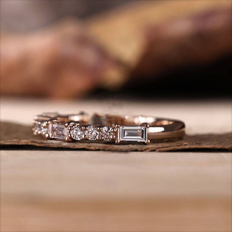 Louily Unique Rose Gold Emerald & Round Cut Diamond Wedding Band In Sterling Silver - louilyjewelry