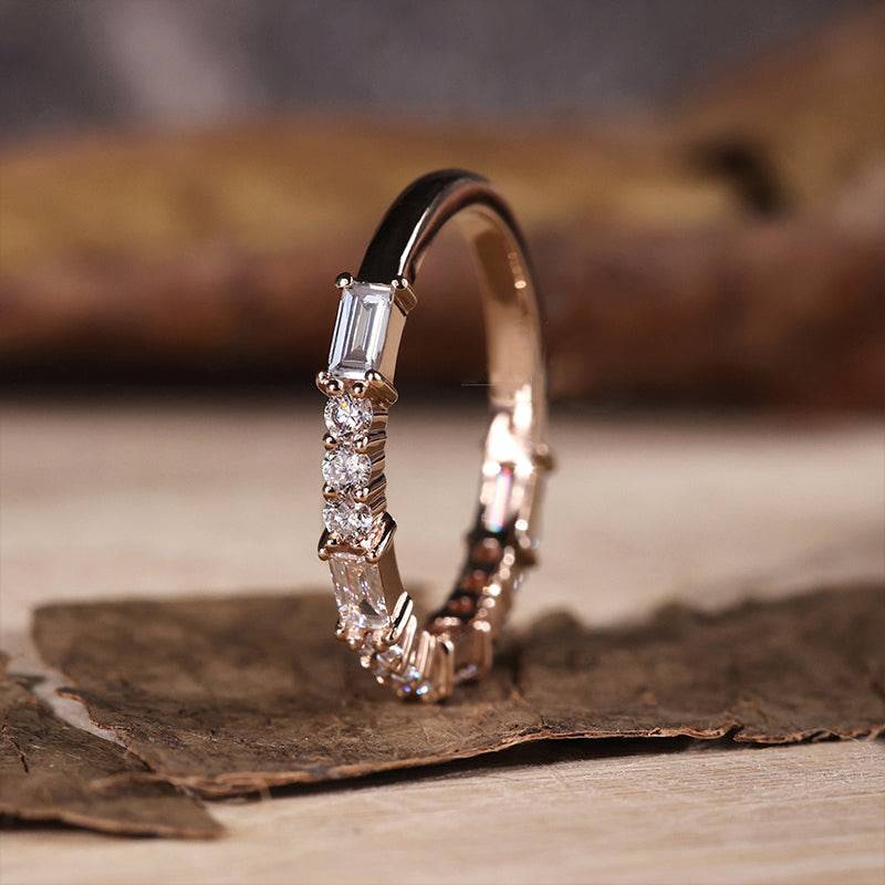 Louily Unique Rose Gold Emerald & Round Cut Diamond Wedding Band In Sterling Silver - louilyjewelry