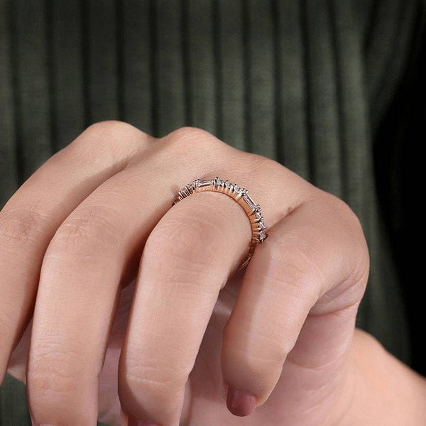 Louily Unique Rose Gold Emerald & Round Cut Diamond Wedding Band In Sterling Silver