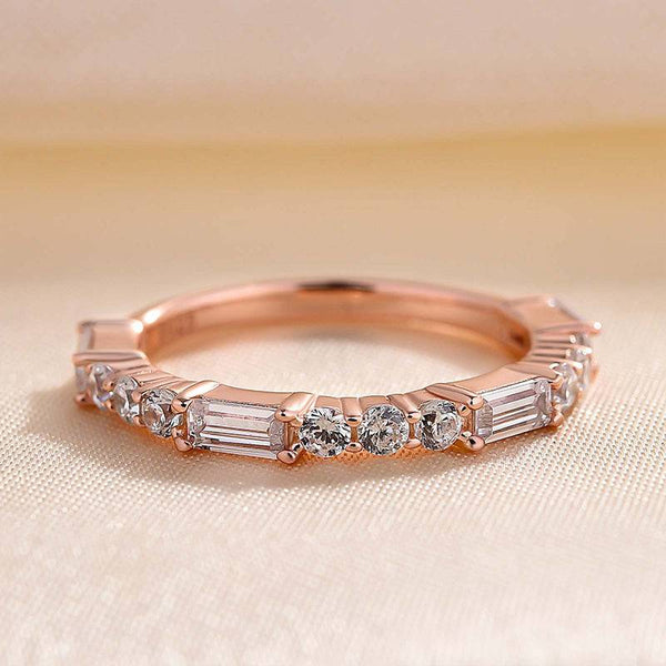 Louily Unique Rose Gold Emerald & Round Cut Diamond Wedding Band In Sterling Silver