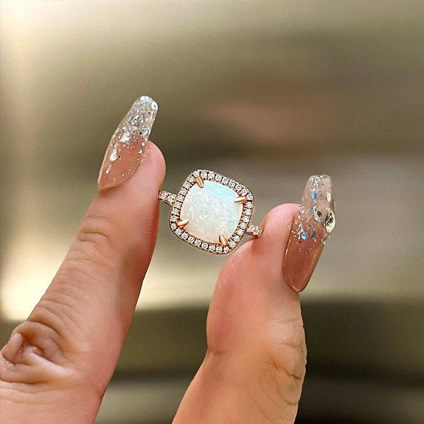 Louily Unique Halo Cushion Cut Opal Stone Engagement Ring In Sterling Silver