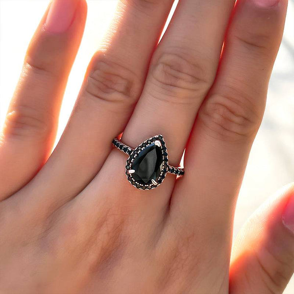 Louily Unique Pear Cut Halo Black Diamond Engagement Ring In Sterling Silver