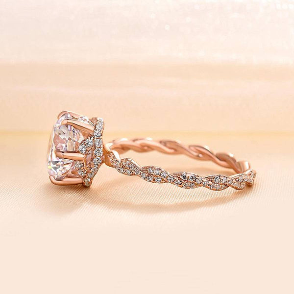 Rose Gold Twist Hidden Halo Round Cut Engagement Ring In Sterling Silver
