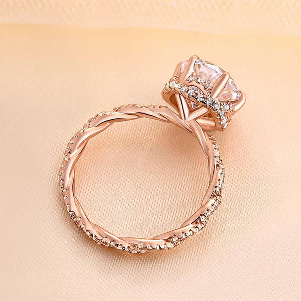 Rose Gold Twist Hidden Halo Round Cut Engagement Ring In Sterling Silver