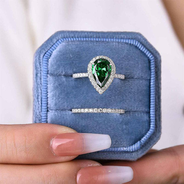 Louily 2.2 Carat Emerald Green Halo Pear Cut Wedding Set In Sterling Silver