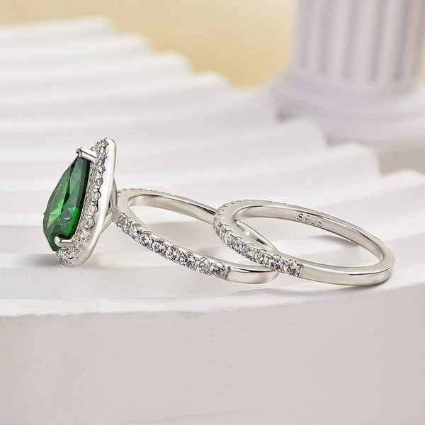 Louily 2.2 Carat Emerald Green Halo Pear Cut Wedding Set In Sterling Silver