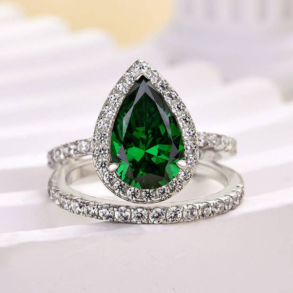 Louily 2.2 Carat Emerald Green Halo Pear Cut Wedding Set In Sterling Silver