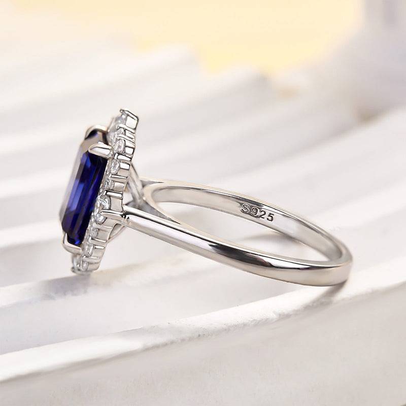 Louily 3.0 Carat Halo Emerald Cut Blue Sapphire Engagement Ring In Sterling Silver - louilyjewelry