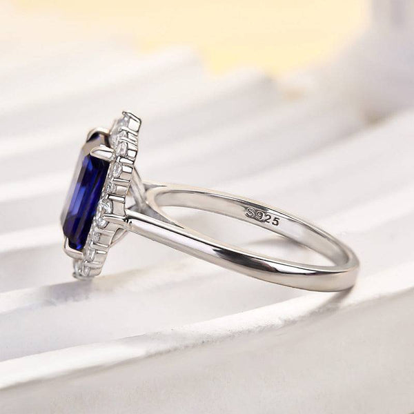 Louily 3.0 Carat Halo Emerald Cut Blue Sapphire Engagement Ring In Sterling Silver