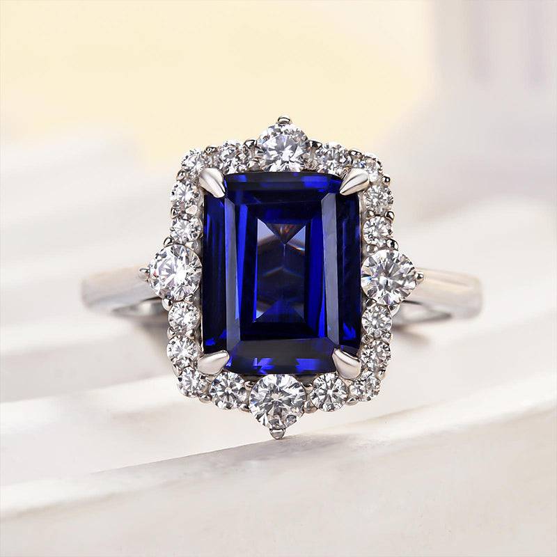 Louily 3.0 Carat Halo Emerald Cut Blue Sapphire Engagement Ring In Sterling Silver - louilyjewelry