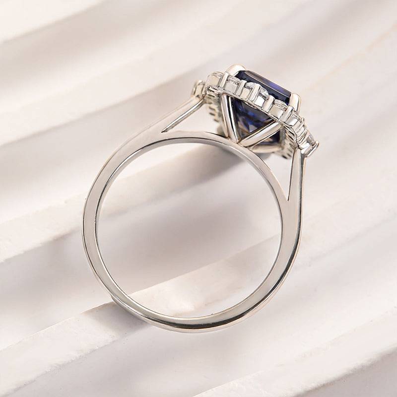 Louily 3.0 Carat Halo Emerald Cut Blue Sapphire Engagement Ring In Sterling Silver - louilyjewelry